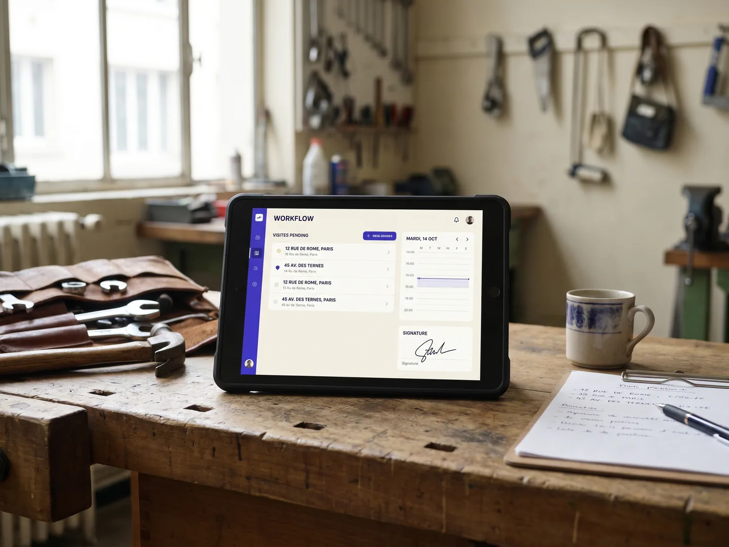 Workspace terrain Paris — tablette rugged avec workflow technicien + signature