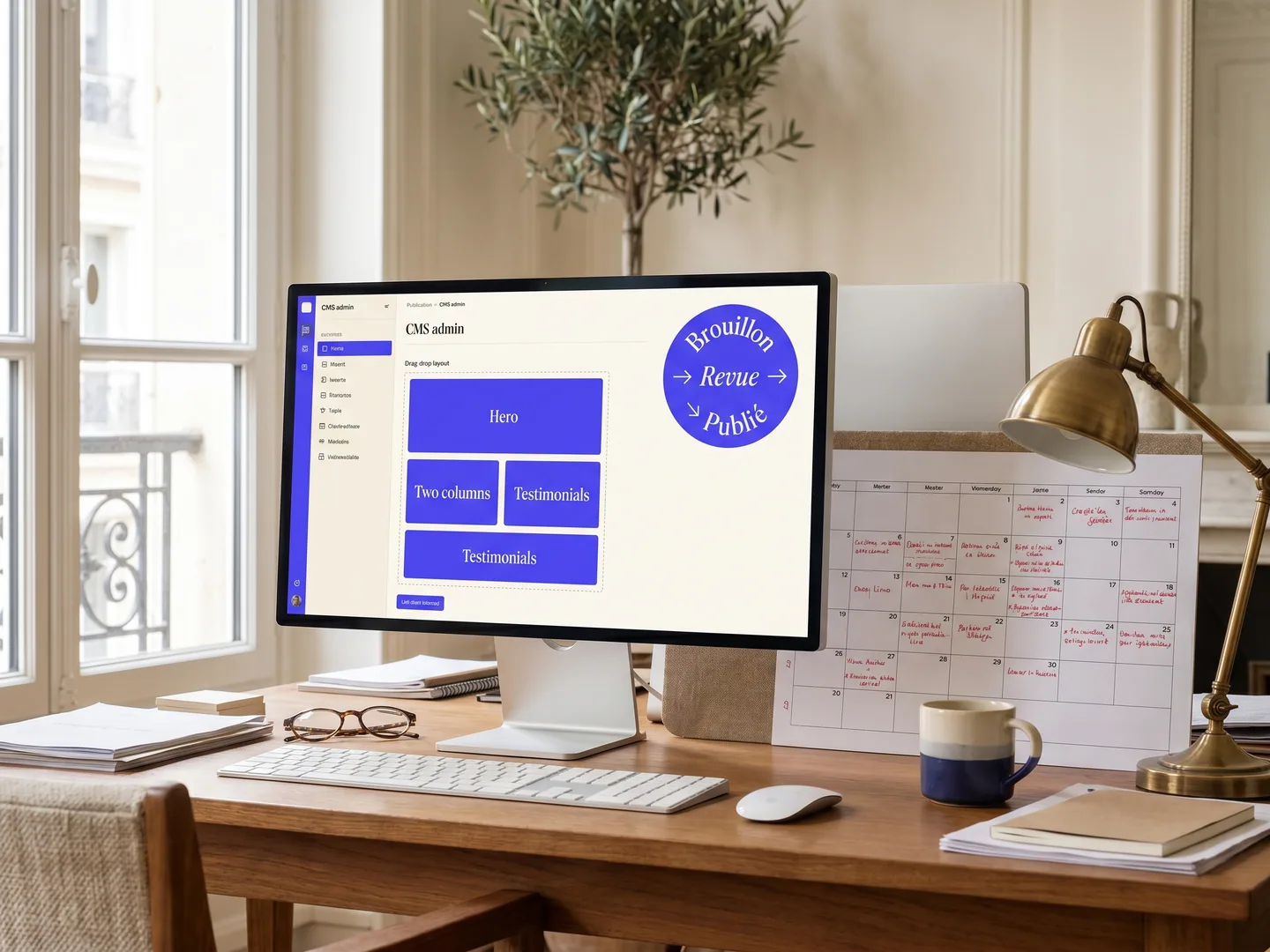 Workspace éditorial Paris — CMS avec drag-drop blocks + workflow Brouillon→Publié