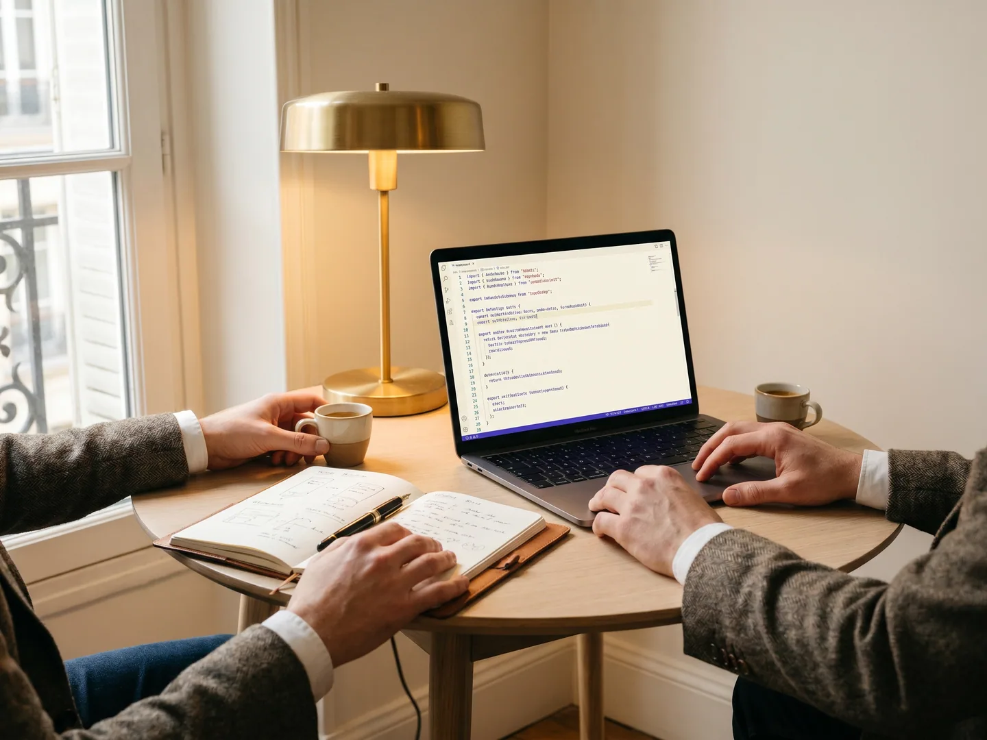 Coaching 1-1 Paris — deux personnes côte à côte autour d’un MacBook + notebook