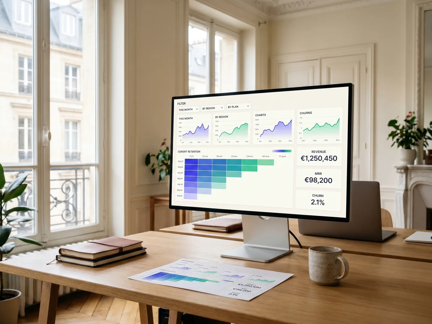 Workspace analytics Paris — dashboard BI avec 4 line charts + heatmap + KPI cards