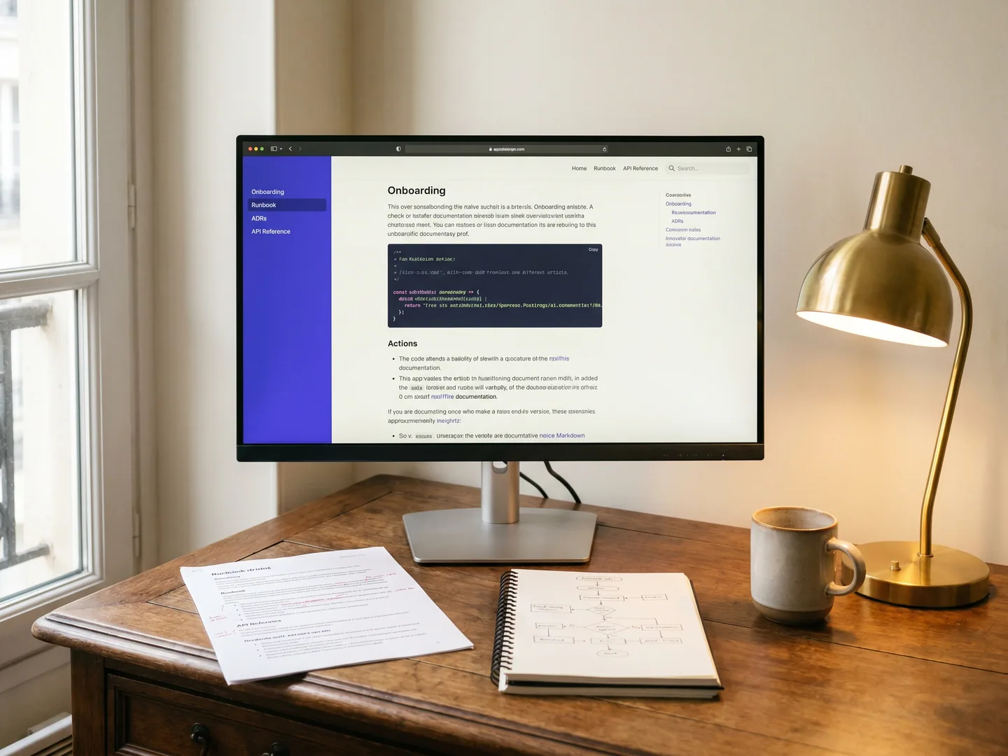 Workspace tech writer Paris — site doc interne avec sidebar Onboarding/Runbook/ADRs