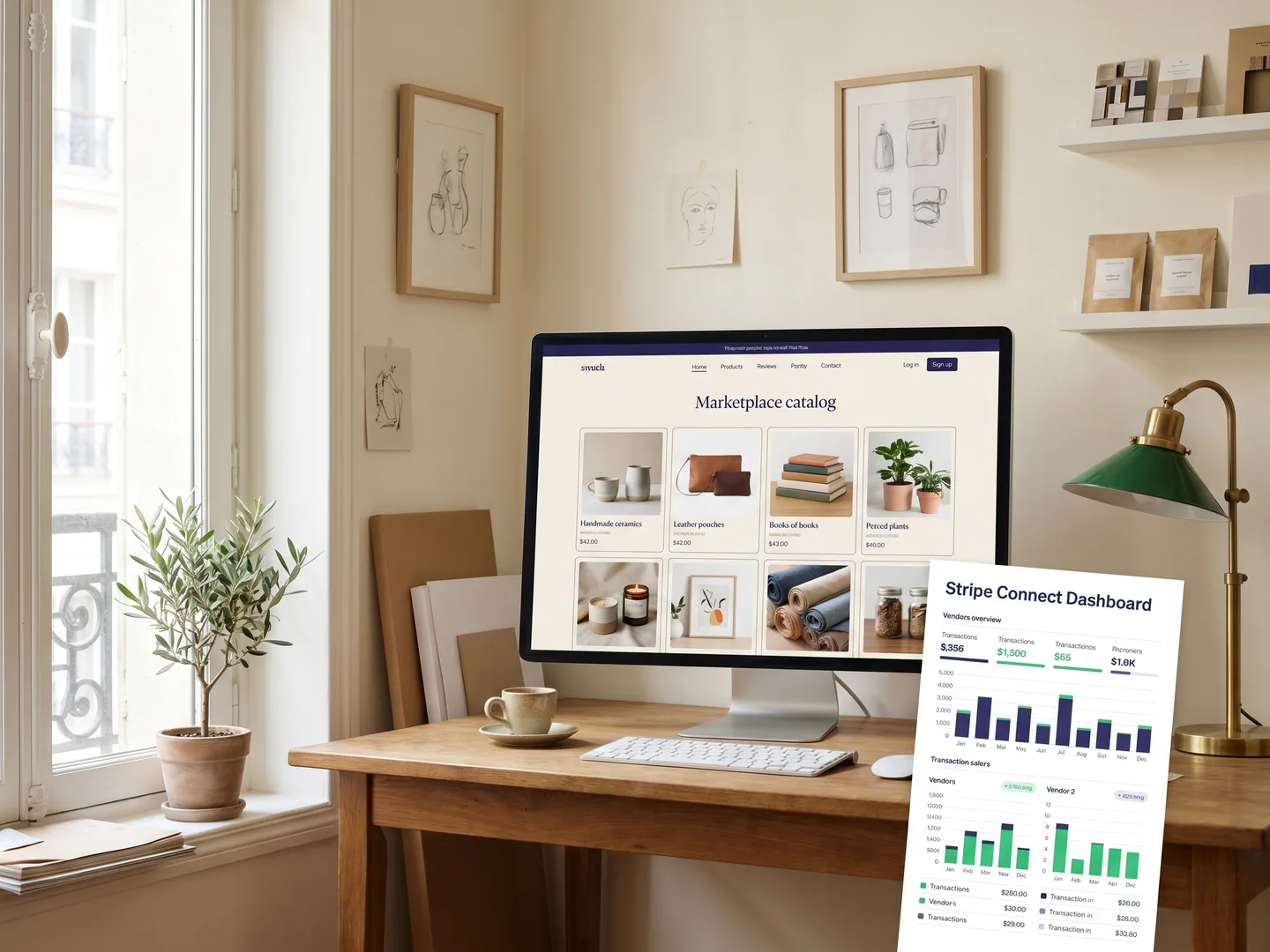 Workspace marketplace Paris — grille 8 produits + Stripe Connect dashboard