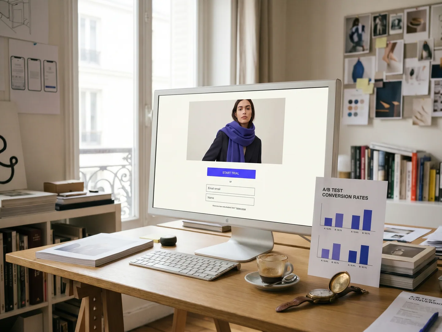Workspace designer parisien — écran landing page conversion + stopwatch + report A/B