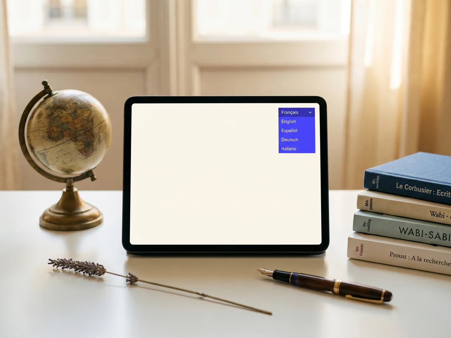 Bureau parisien — tablette avec dropdown 5 langues, globe brass, livres multilingues