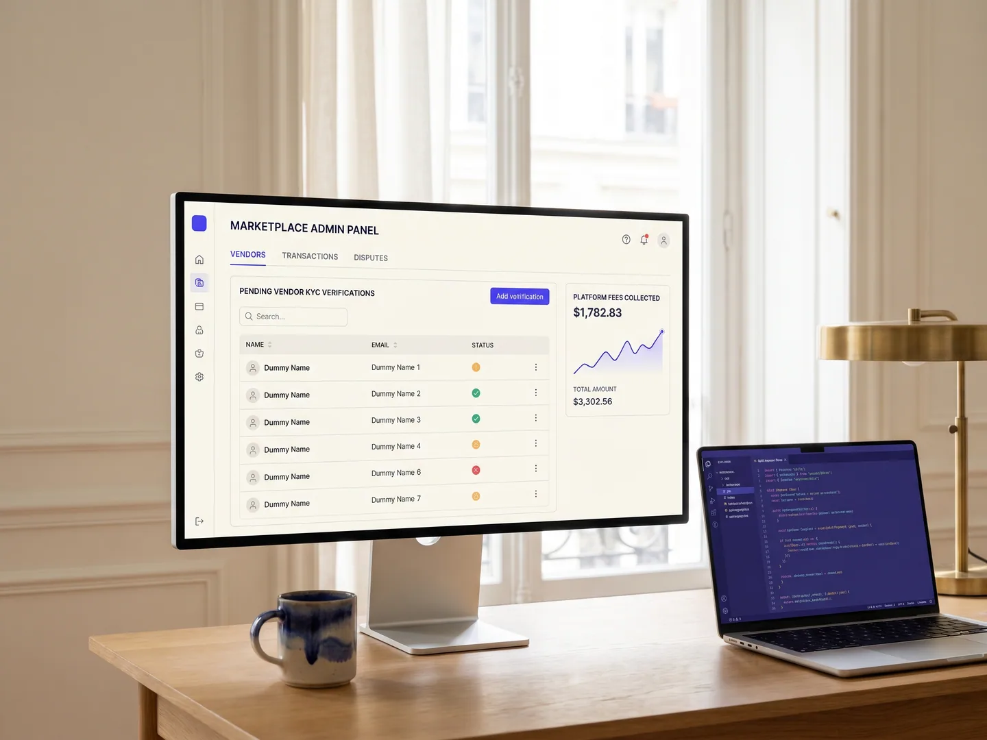 Workspace plateforme marketplace Paris — admin avec tabs Vendors/Transactions/Disputes
