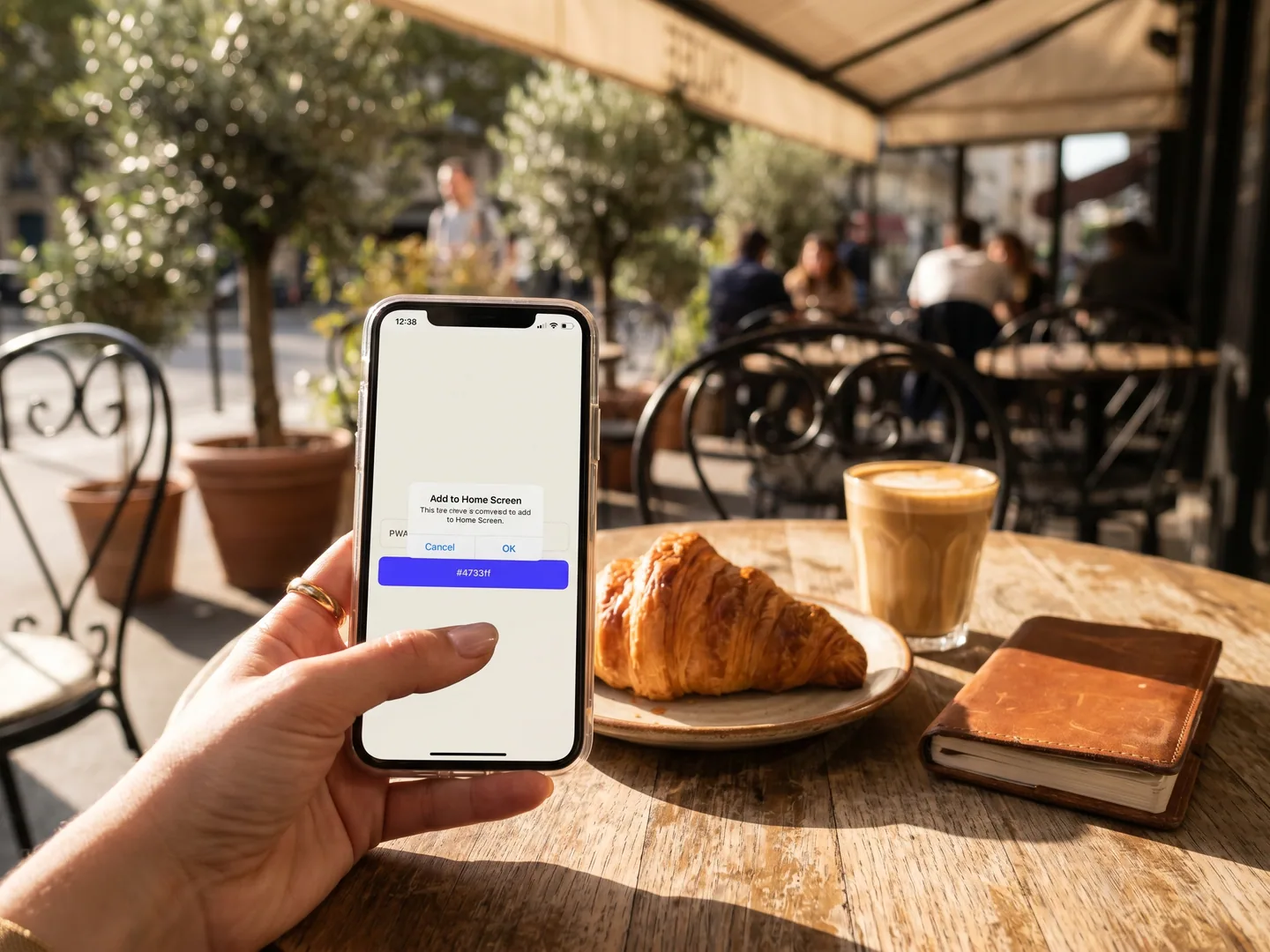 Café parisien — smartphone avec prompt Add to Home Screen sur app cream/indigo