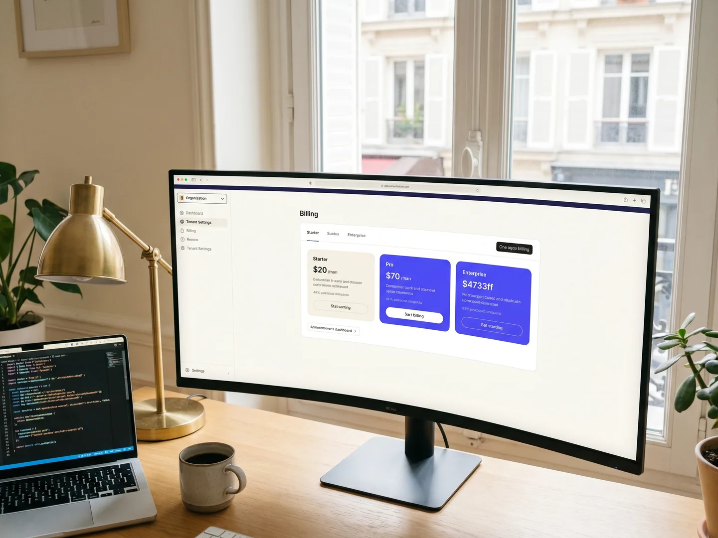 Workspace SaaS Paris — écran multi-tenant avec org switcher + billing tiers