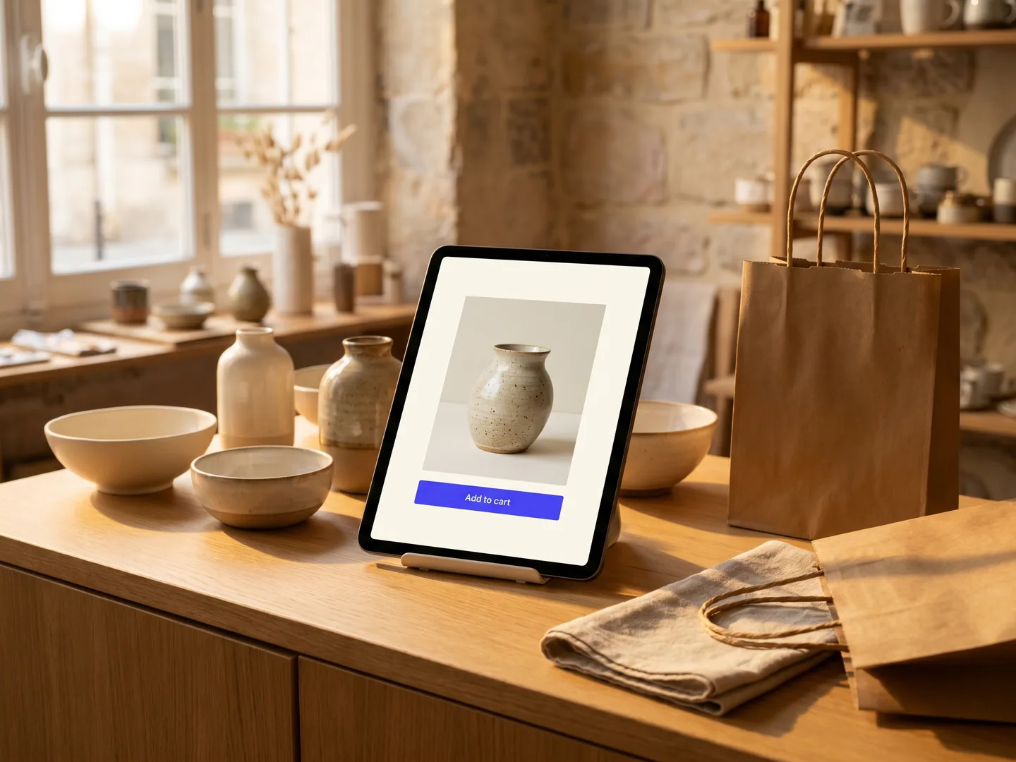 Comptoir boutique artisanale Paris — iPad avec storefront cream/indigo + sacs kraft