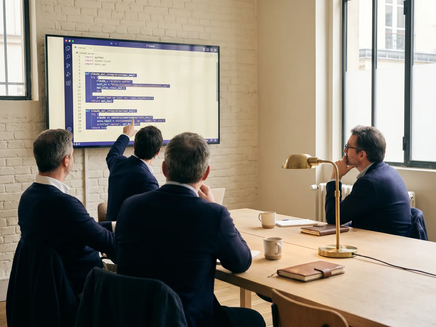 Workshop Claude API Paris — 3 attendees + grand écran code Anthropic SDK