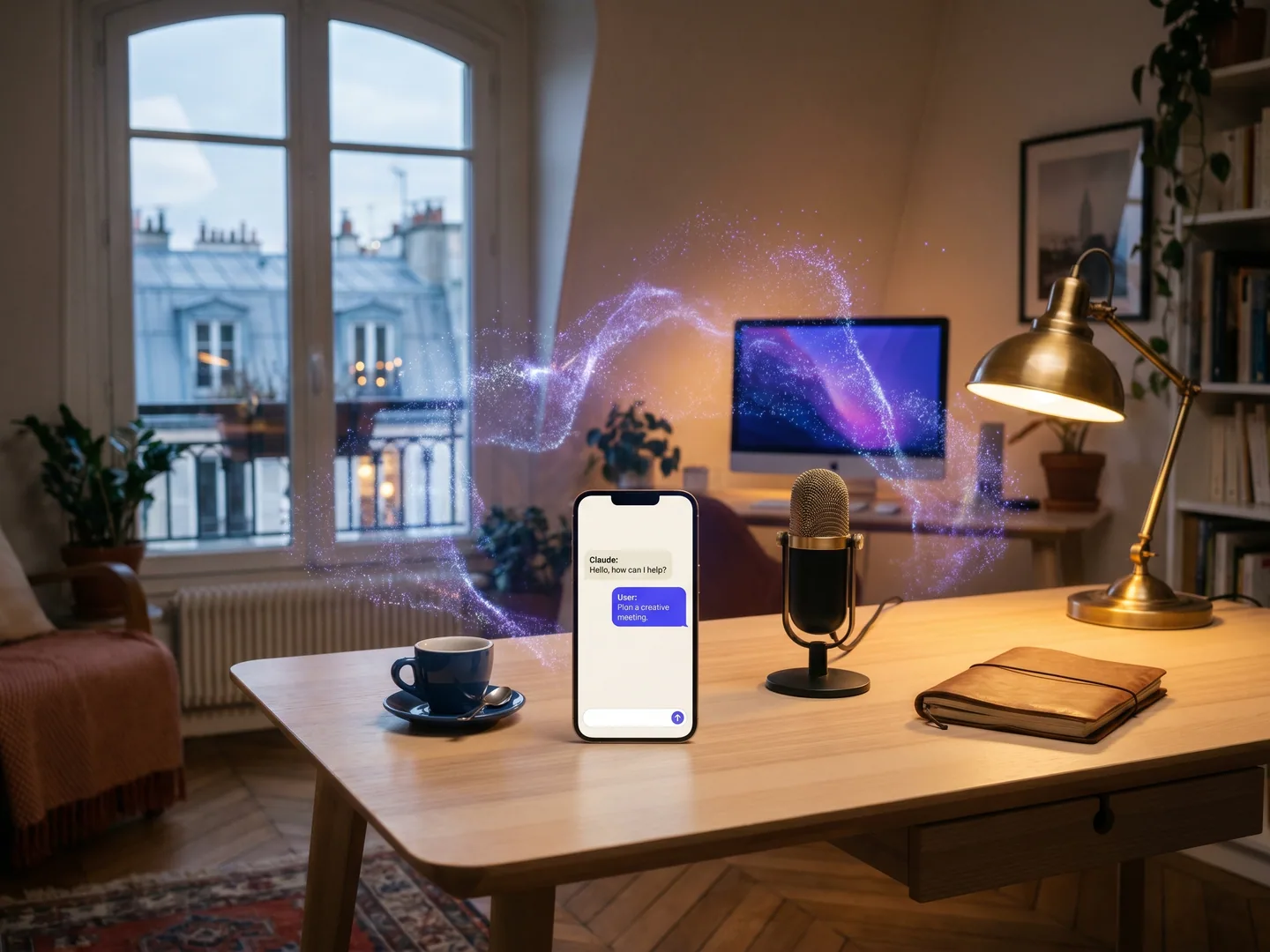 Workspace IA Paris twilight — smartphone Claude chat + micro brass + nébuleuse violet