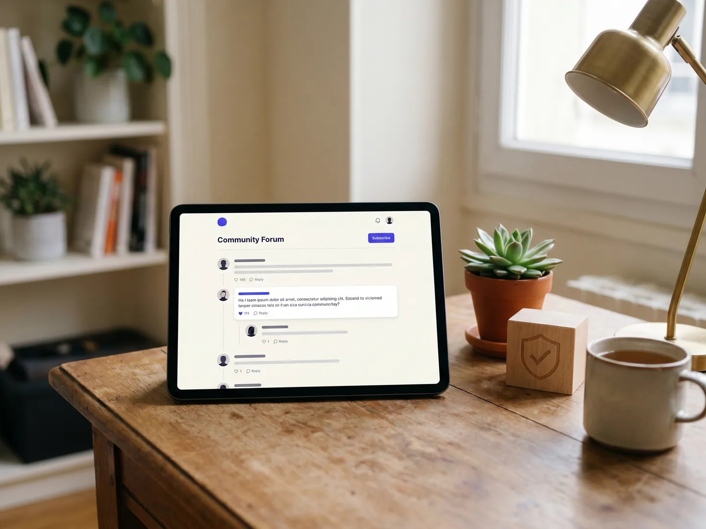 Workspace plateforme communautaire Paris — iPad avec forum threads + Subscribe