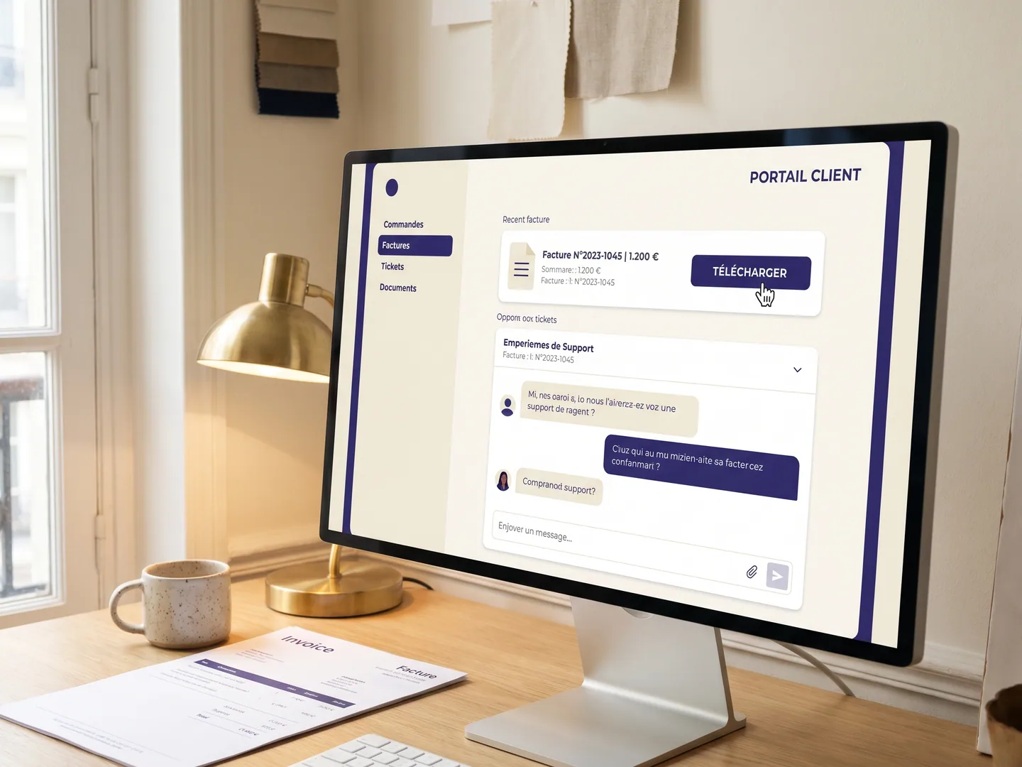 Workspace portail client Paris — sidebar Commandes/Factures/Tickets + facture + thread