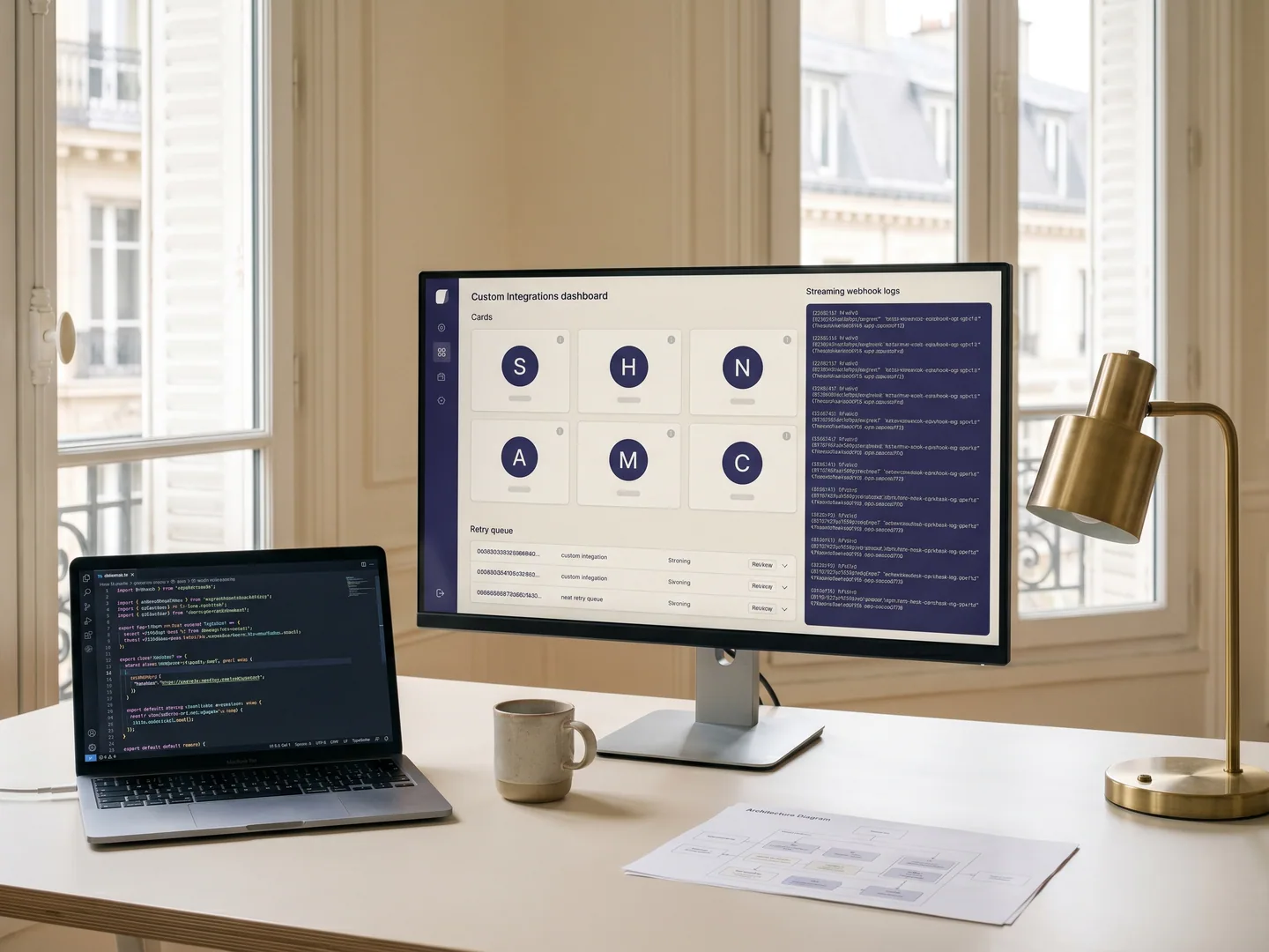 Workspace intégrations Paris — 6 cards services + webhook logs + retry queue