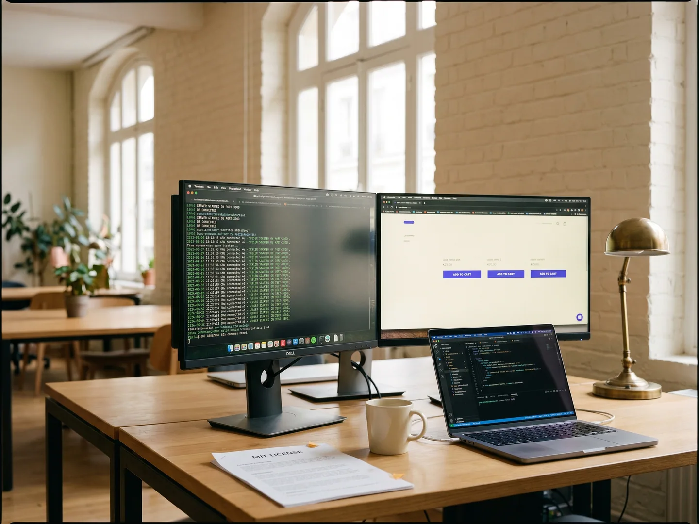 Workspace open-source Paris — terminal node + storefront sur deux écrans, doc MIT
