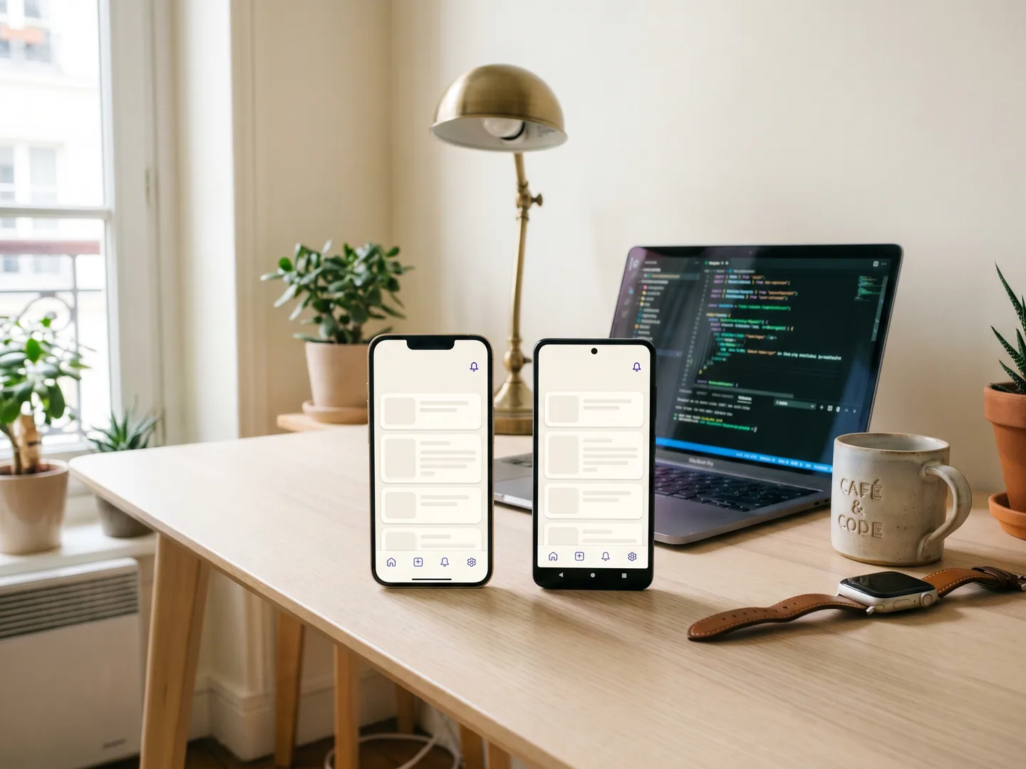 Workspace mobile dev Paris — iPhone + Android côte à côte avec UI native identique