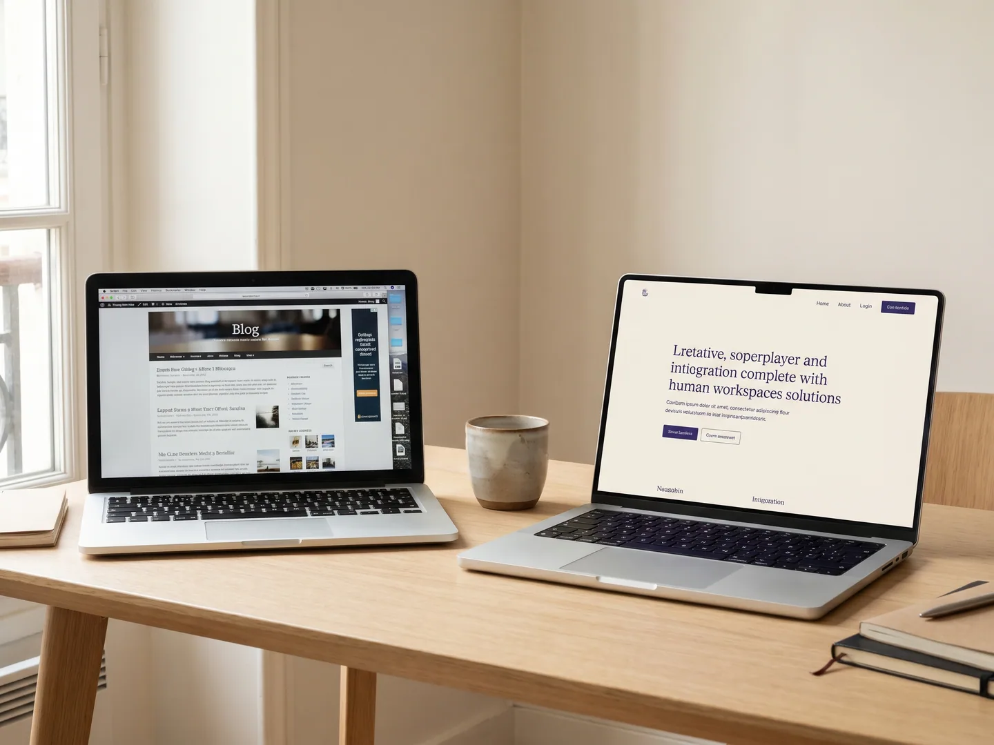 Split-screen Paris — vieux site WordPress vs Next.js moderne sur deux laptops